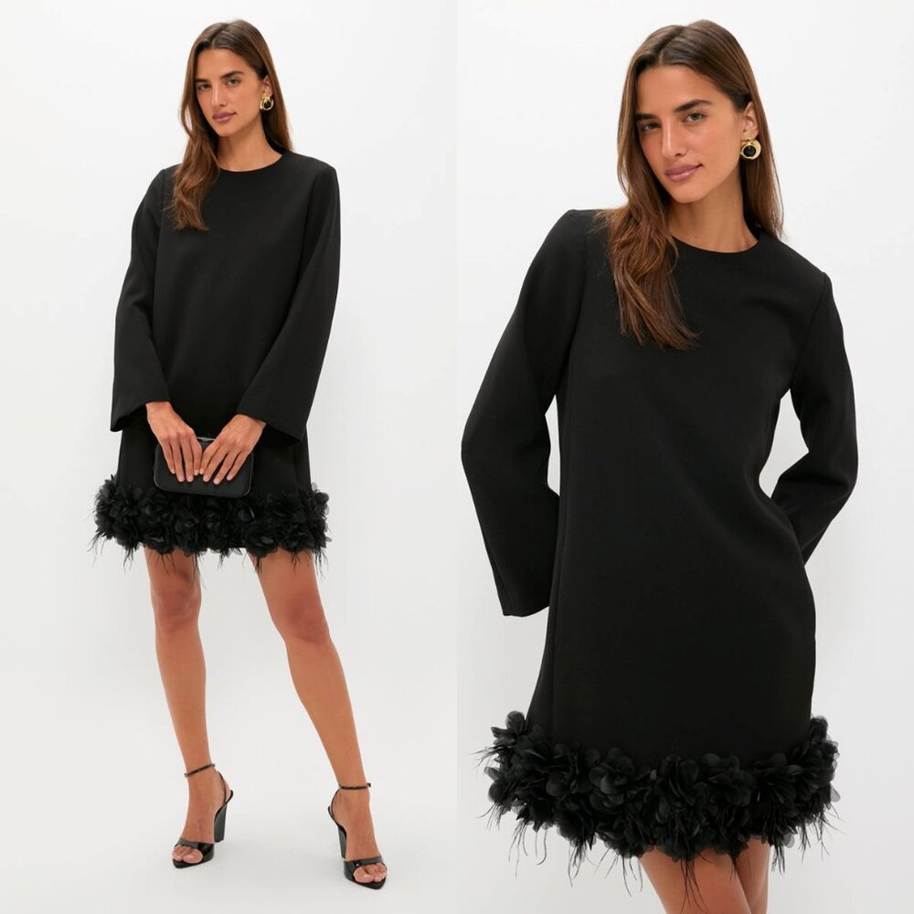 Tuckernuck Black Long-Sleeve Feather Trim Dress